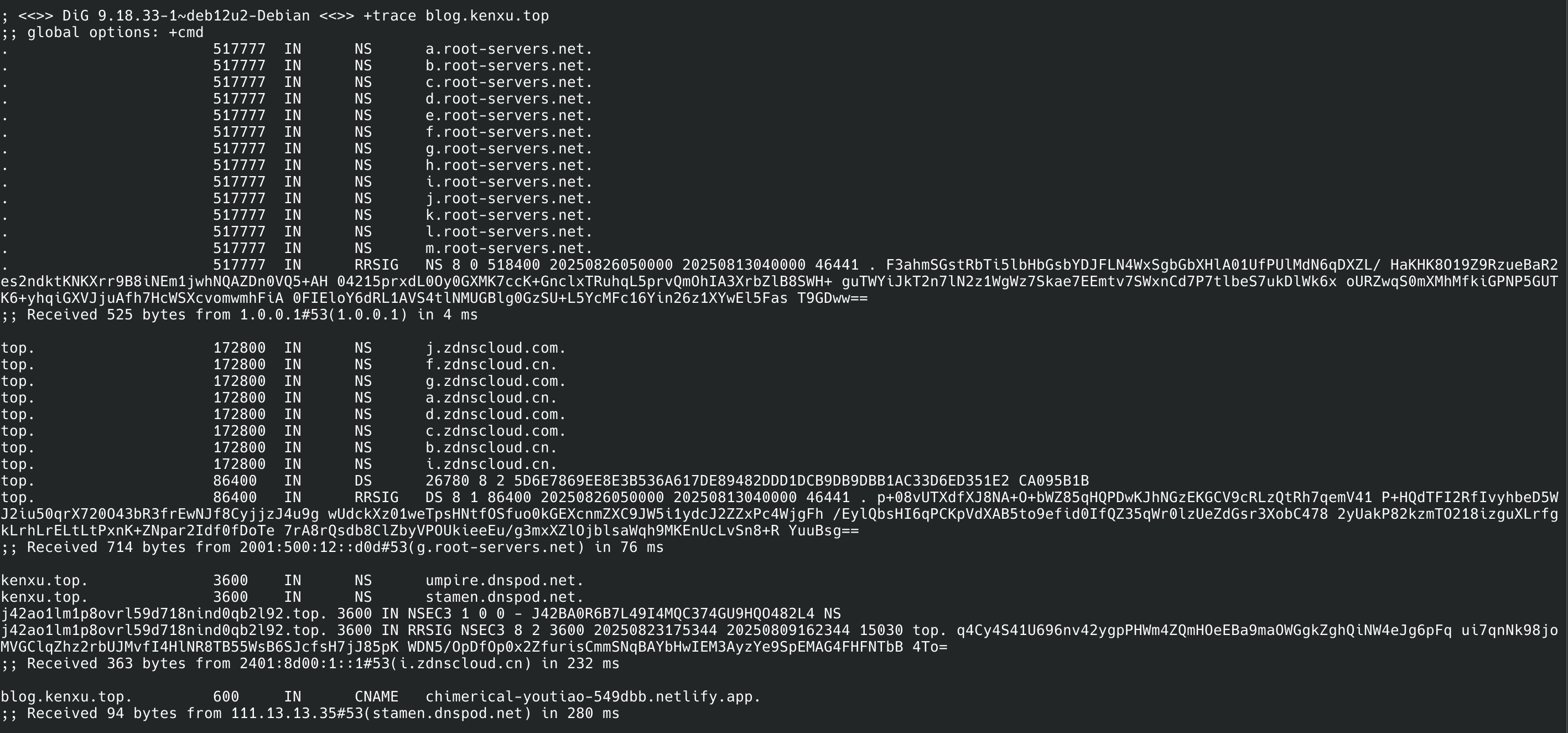 手动对博客域名进行递归解析,由于域名采用CNAME方式接入,所以这里会查询到Netlify指派的的域名