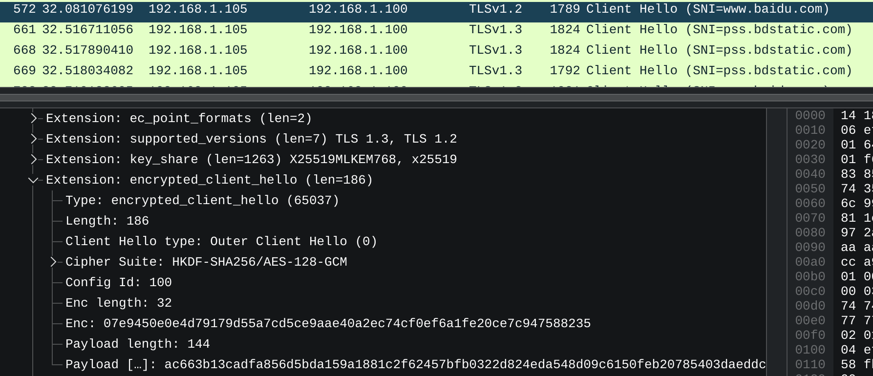 尝试访问不支持ECH的`baidu.com`,同样在Client Hello中看到了`encrypted_client_hello`扩展