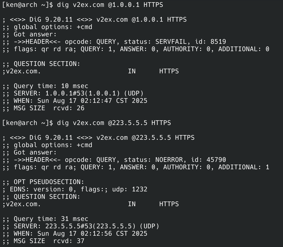 在使用UDP协议查询HTTPS类型的记录时,使用境外的DNS会被防火墙识别并直接返回`SERVFAIL`,而境内的DNS服务器似乎根本就不会解析并缓存HTTPS类型的记录