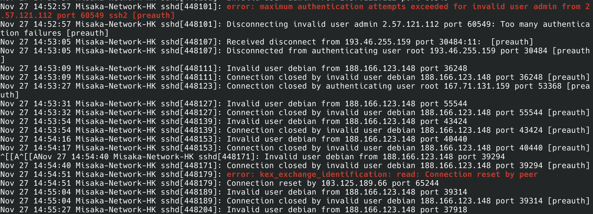 大部分自动化扫描脚本只会尝试常见的用户名+已有泄漏记录的密码,因此它们可能连用户名都猜不对就被断开连接了